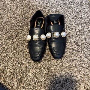 Zara Black Loafers with Pearl Details